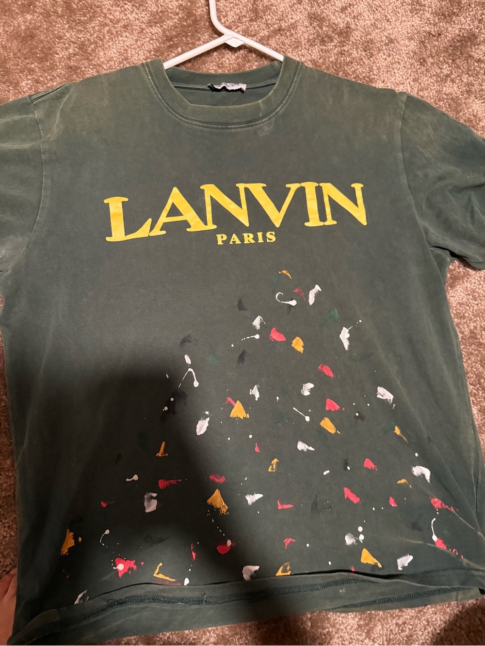 Lanvin Olive Green Graphic Logo Tee with Yellow Print